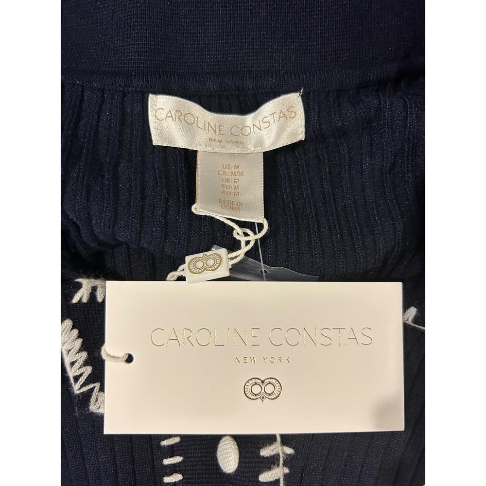 Caroline Constas Navy Blue Ribbed Knit Midi Dress White Blanket Stitch Medium - Picture 5 of 5